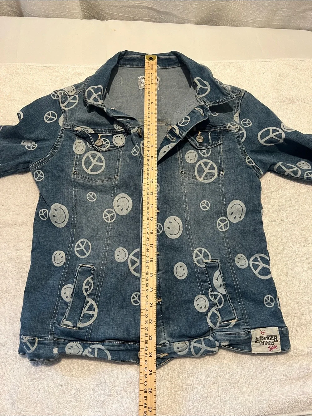 Justice Blue Denim Jacket with White Peace & Smiley Prints X-SIZE LARGE 14-16